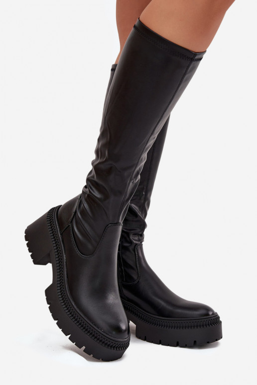 Botas altas de mujer con tacones gruesos y plataforma, de tipo slip-on, negras Florinne