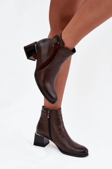 Botines de mujer cálidos de cuero con tacones, chocolate Zazoo 60563