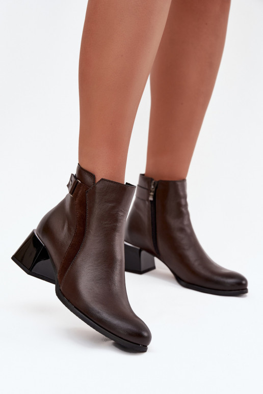 Botines de mujer cálidos de cuero con tacones, chocolate Zazoo 60563