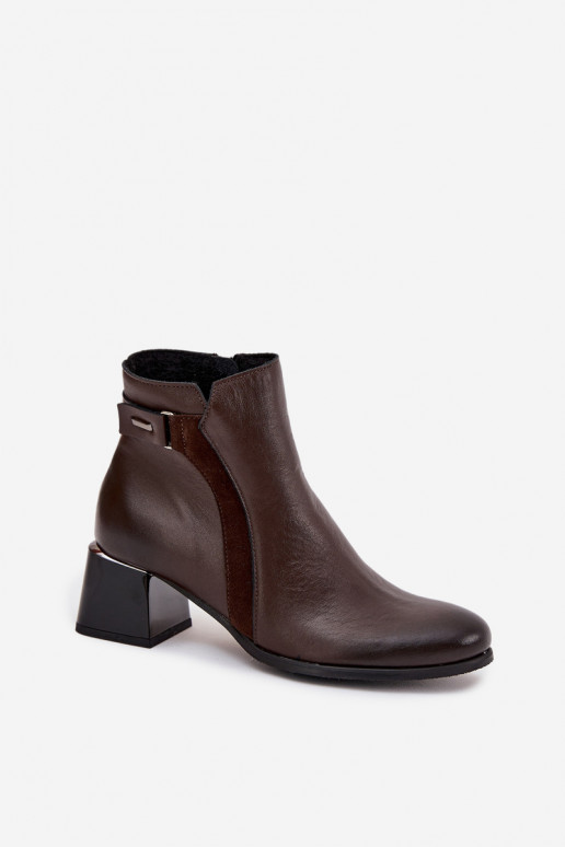 Botines de mujer cálidos de cuero con tacones, chocolate Zazoo 60563