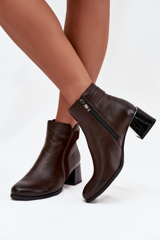 Botines de mujer cálidos de cuero con tacones, chocolate Zazoo 60563