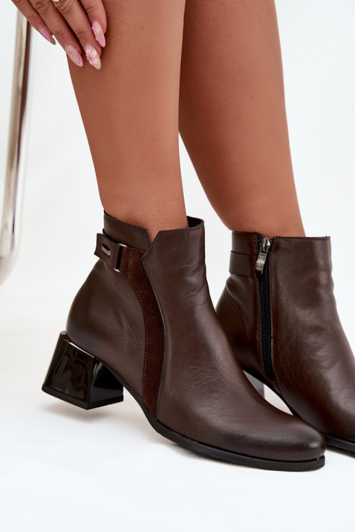 Botines de mujer cálidos de cuero con tacones, chocolate Zazoo 60563