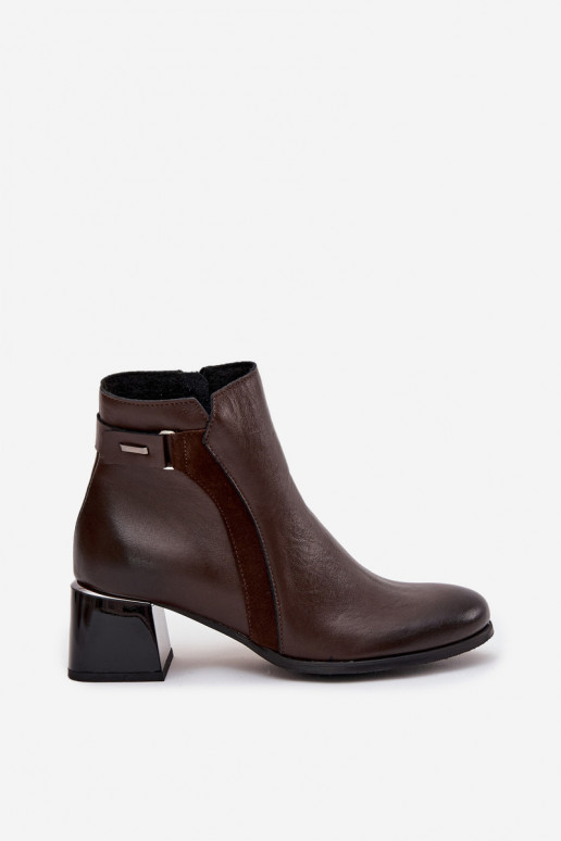 Botines de mujer cálidos de cuero con tacones, chocolate Zazoo 60563