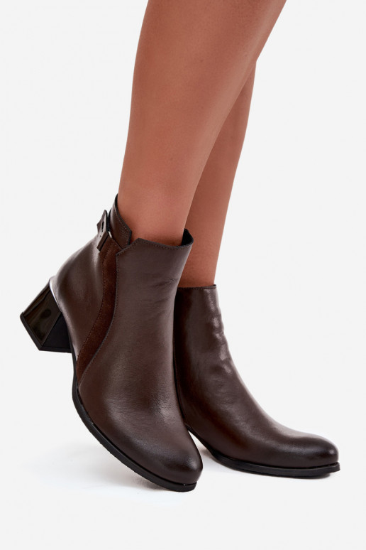 Botines de mujer cálidos de cuero con tacones, chocolate Zazoo 60563