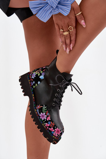Botines de mujer cálidos de cuero negro con flores Artiker 57C0180