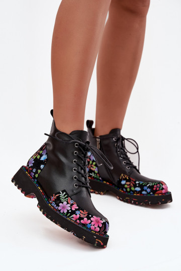 Botines de mujer cálidos de cuero negro con flores Artiker 57C0180 2