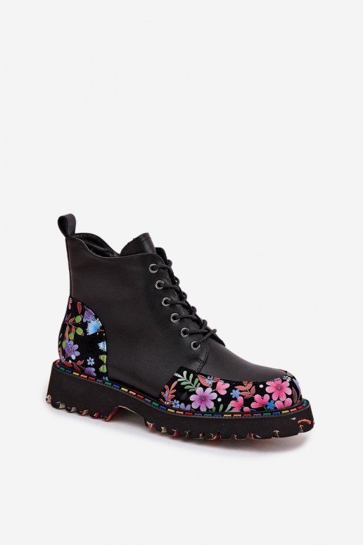 Botines de mujer cálidos de cuero negro con flores Artiker 57C0180