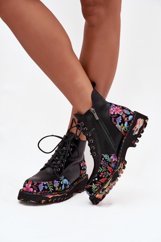 Botines de mujer cálidos de cuero negro con flores Artiker 57C0180
