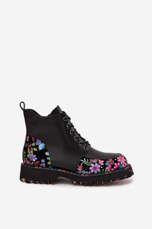 Botines de mujer cálidos de cuero negro con flores Artiker 57C0180