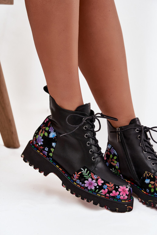 Botines de mujer cálidos de cuero negro con flores Artiker 57C0180