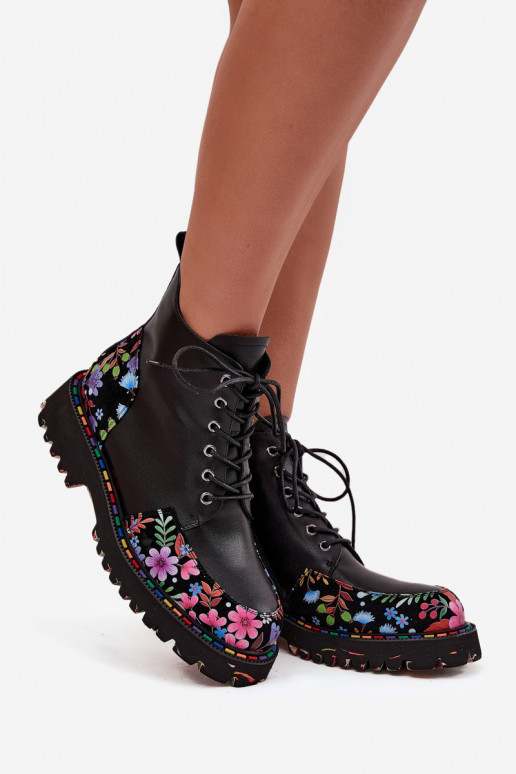 Botines de mujer cálidos de cuero negro con flores Artiker 57C0180