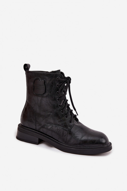 Botines de trabajo negros de cuero sintético para mujer con detalles decorativos Tai turiciejka K7180-01