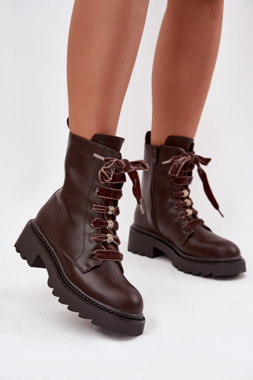 Botines cálidos para mujer con cordones decorativos CzekoladoĮe Elindra