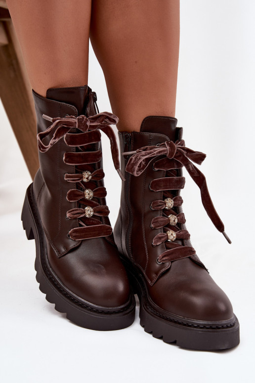 Botines cálidos para mujer con cordones decorativos CzekoladoĮe Elindra