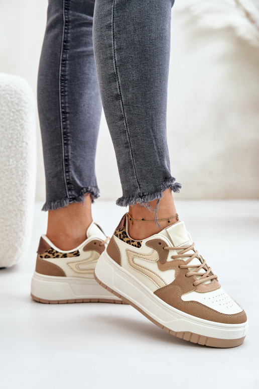 Zapatillas de mujer en cuero sintético con plataforma y patrones de leopardo en color arena Henizore