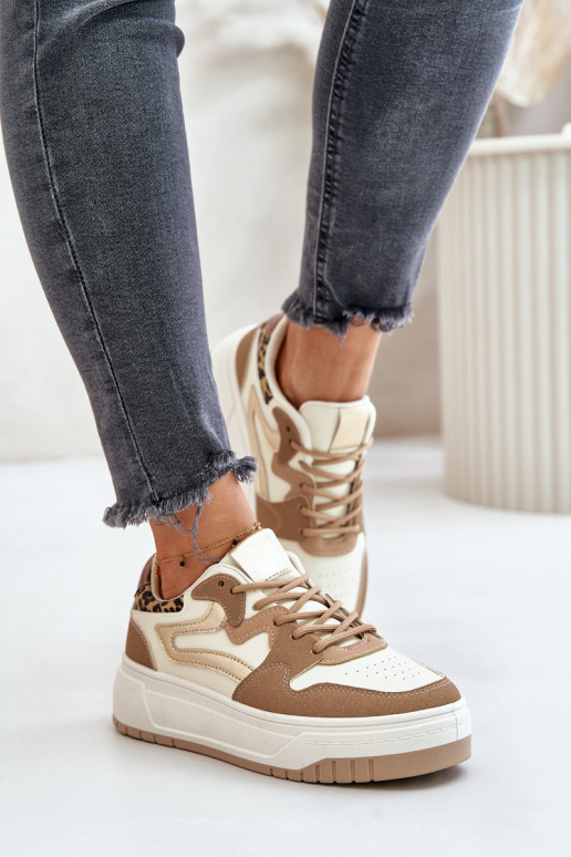 Zapatillas de mujer en cuero sintético con plataforma y patrones de leopardo en color arena Henizore
