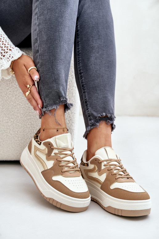 Zapatillas de mujer en cuero sintético con plataforma y patrones de leopardo en color arena Henizore