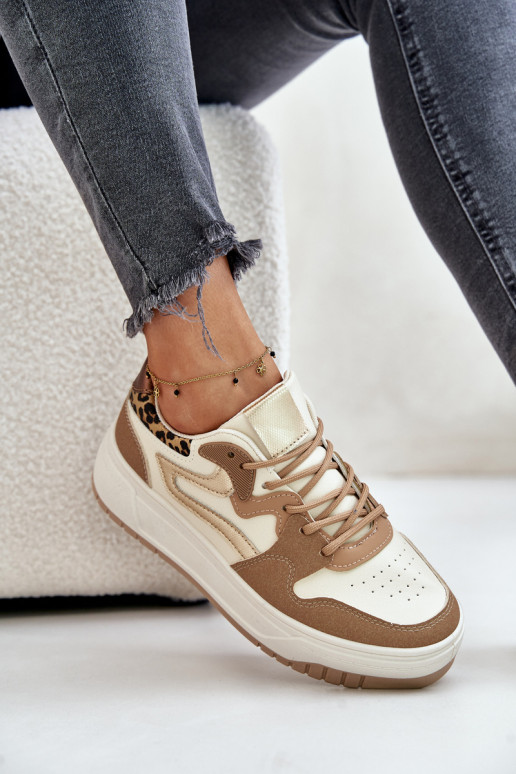 Zapatillas de mujer en cuero sintético con plataforma y patrones de leopardo en color arena Henizore