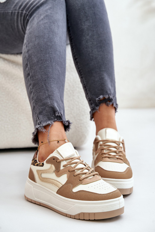 Zapatillas de mujer en cuero sintético con plataforma y patrones de leopardo en color arena Henizore