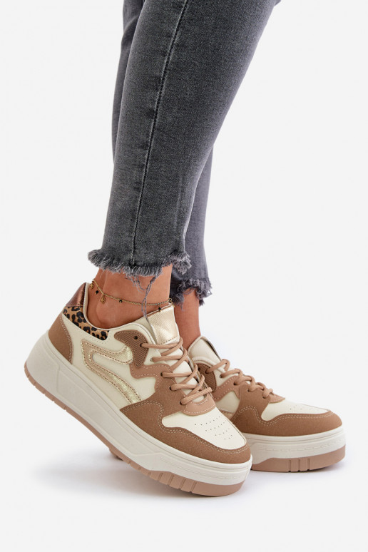 Zapatillas de mujer en cuero sintético con plataforma y patrones de leopardo en color arena Henizore