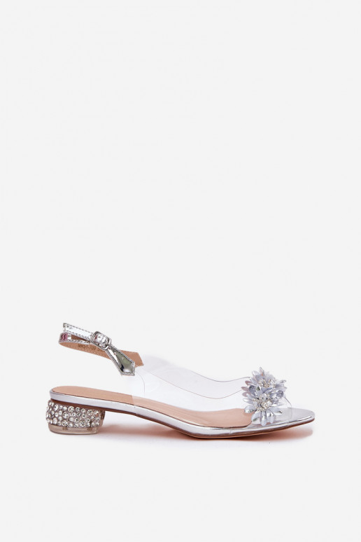 Sandalias transparentes plateadas con tacón bajo y decoración D&A MR51-709