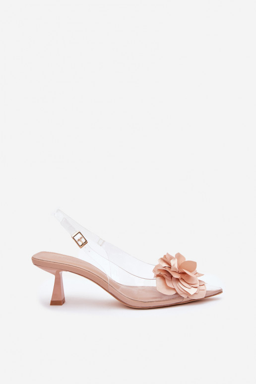 Sandalias transparentes nude con tacones finos y flores decorativas Risalie