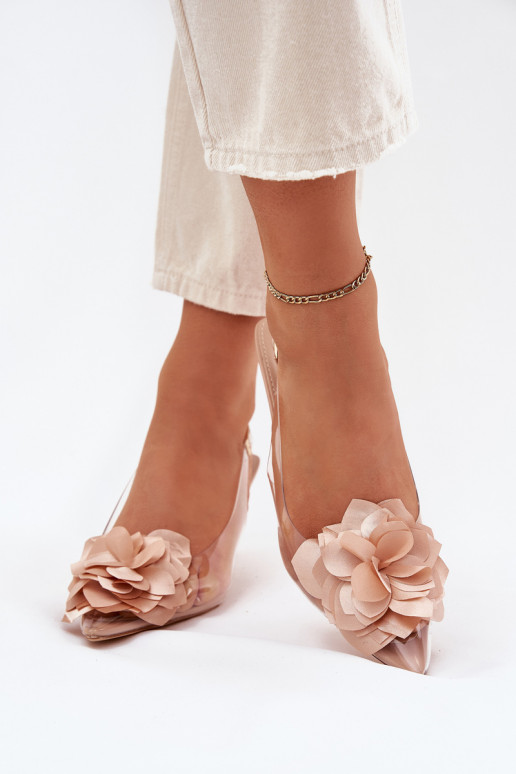 Sandalias transparentes nude con tacones finos y flores decorativas Risalie