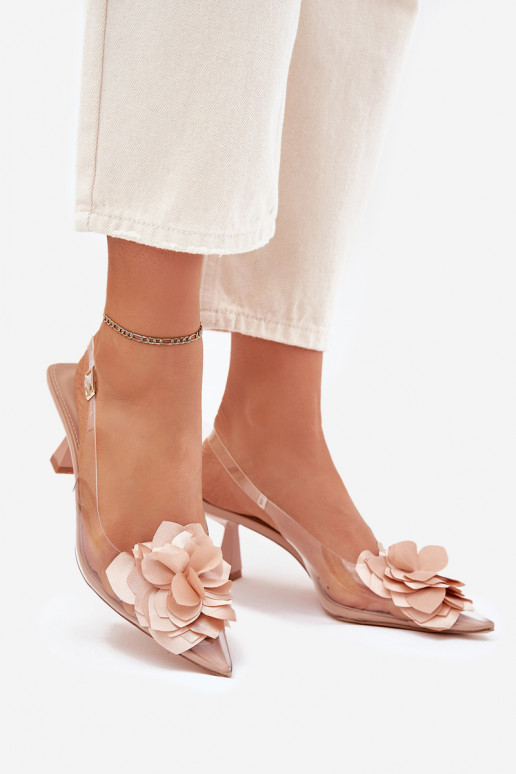 Sandalias transparentes nude con tacones finos y flores decorativas Risalie