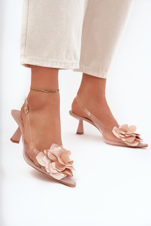 Sandalias transparentes nude con tacones finos y flores decorativas Risalie