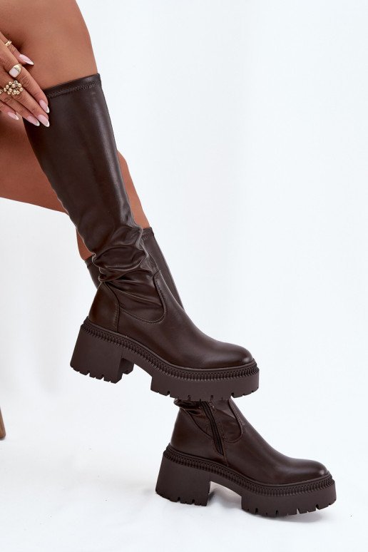Botas altas de mujer con tacones gruesos y plataforma en marrón Florinne