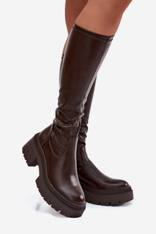 Botas altas de mujer con tacones gruesos y plataforma en marrón Florinne