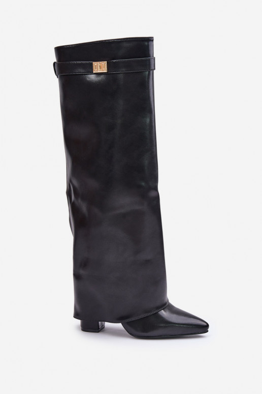 Botas altas de mujer de cuero sintético con inserciones y tacones negros Avamora