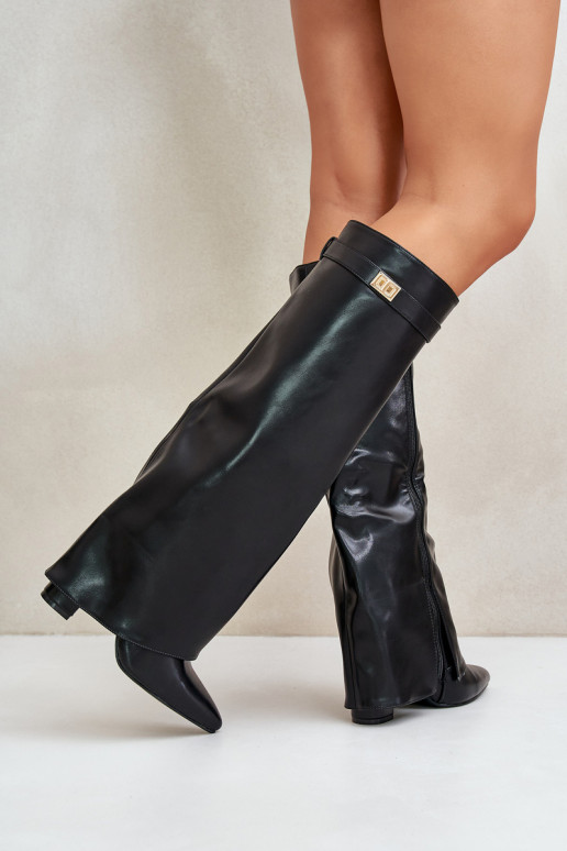 Botas altas de mujer de cuero sintético con inserciones y tacones negros Avamora