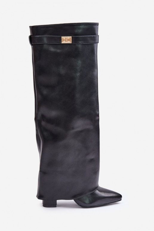 Botas altas de mujer de cuero sintético con inserciones y tacones negros Avamora