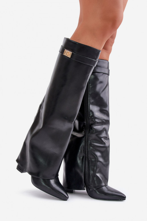 Botas altas de mujer de cuero sintético con inserciones y tacones negros Avamora