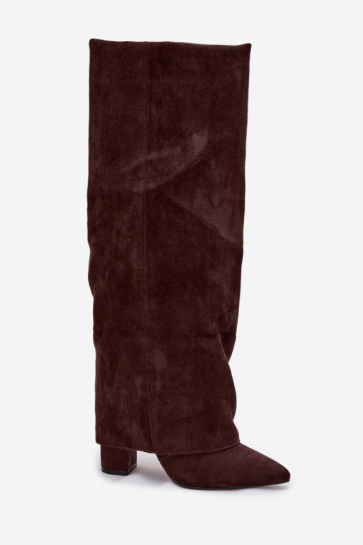 Botas altas de mujer forradas con inserciones y tacones de ante sintético color chocolate Elivira