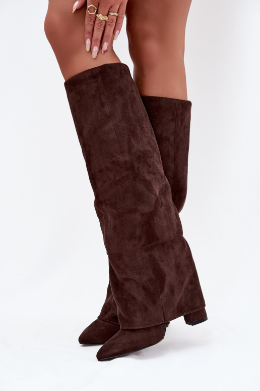 Botas altas de mujer forradas con inserciones y tacones de ante sintético color chocolate Elivira
