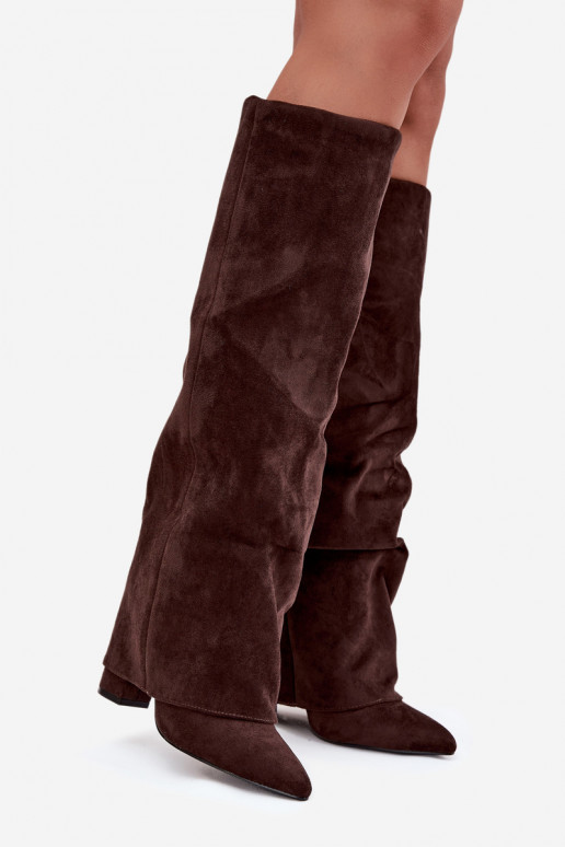 Botas altas de mujer forradas con inserciones y tacones de ante sintético color chocolate Elivira