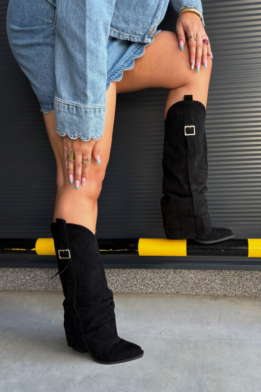 Botas negras de mujer hasta la rodilla con tacones y hebillas Caster