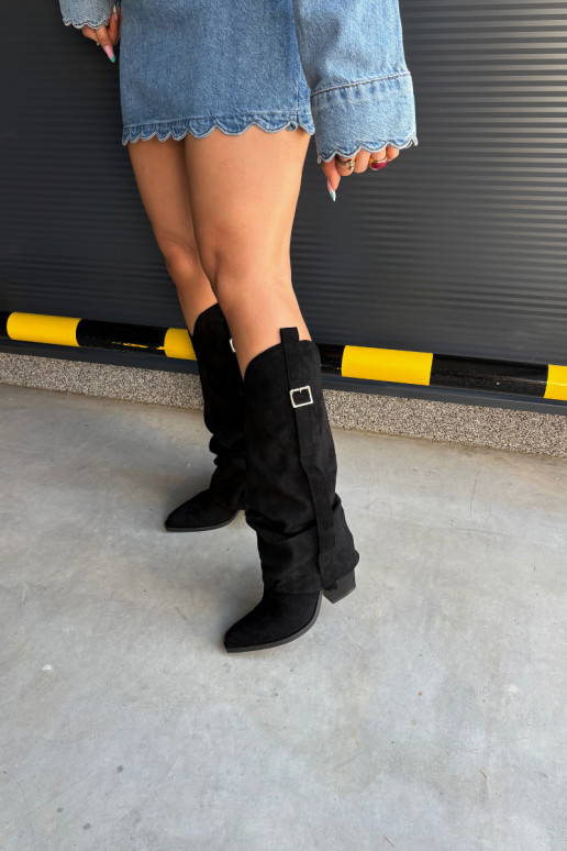 Botas negras de mujer hasta la rodilla con tacones y hebillas Caster