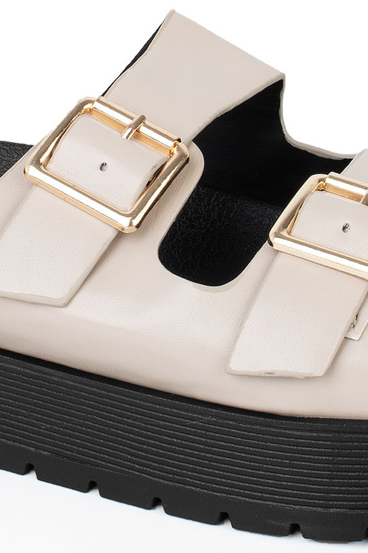 Chanclas de mujer con plataforma y detalles dorados en colores arena y negro