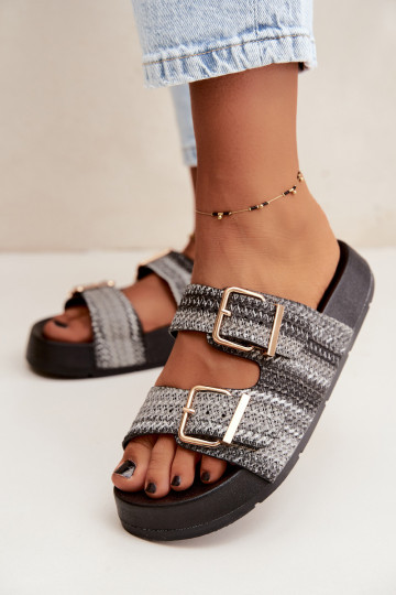 Chanclas doradas para mujer con hebillas y plataforma en negro Meretta