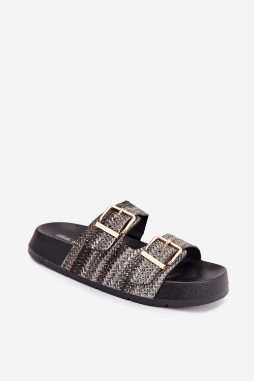 Chanclas doradas para mujer con hebillas y plataforma en negro Meretta