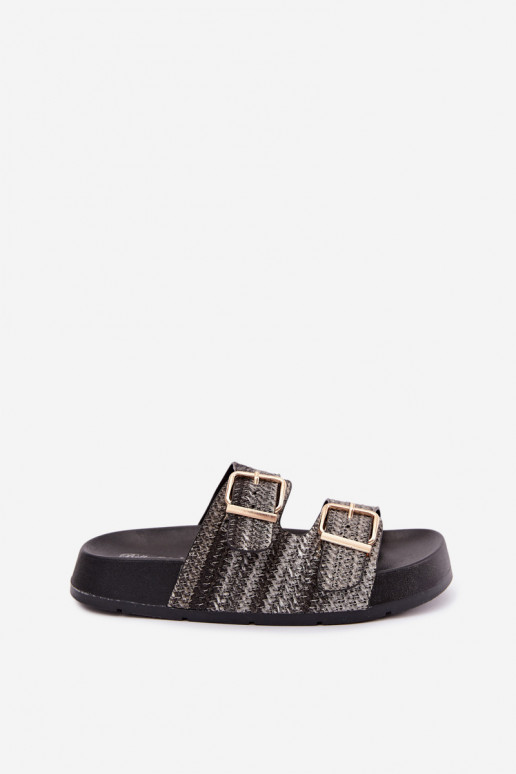 Chanclas doradas para mujer con hebillas y plataforma en negro Meretta