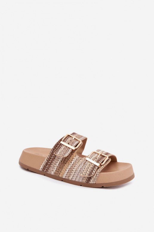Chanclas doradas para mujer con hebillas y plataforma en arena y marrón Meretta