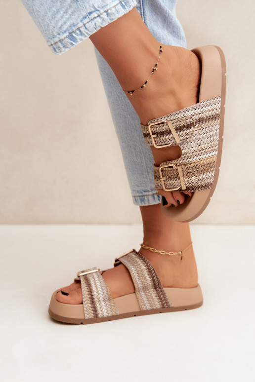 Chanclas doradas para mujer con hebillas y plataforma en arena y marrón Meretta