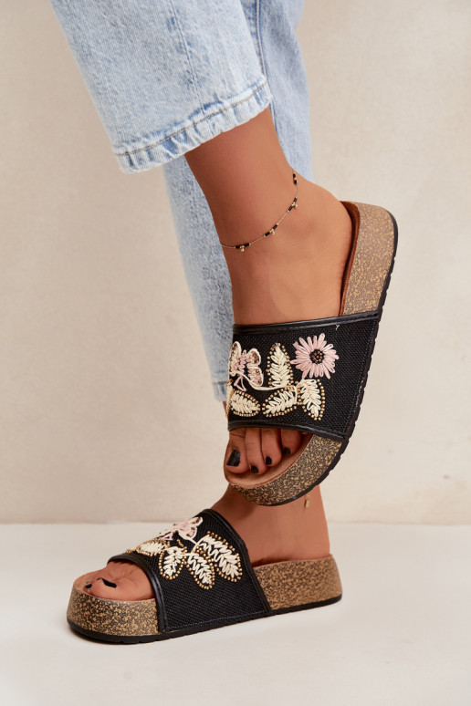 Chanclas de plataforma negras para mujer con decoración Ledina