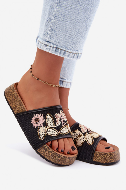 Chanclas de plataforma negras para mujer con decoración Ledina