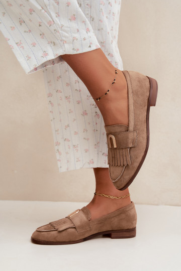 Mocasines de arena para mujer con flecos y detalles dorados Brenis