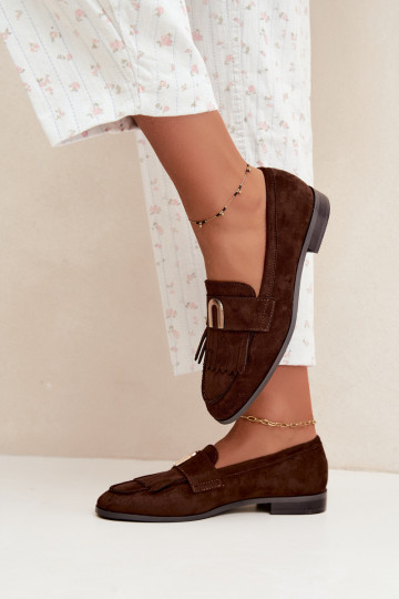 Mocasines de chocolate para mujer con flecos y detalles dorados Brenis
